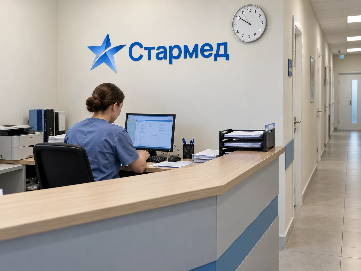 Медсестра работает за компьютером на ресепшне